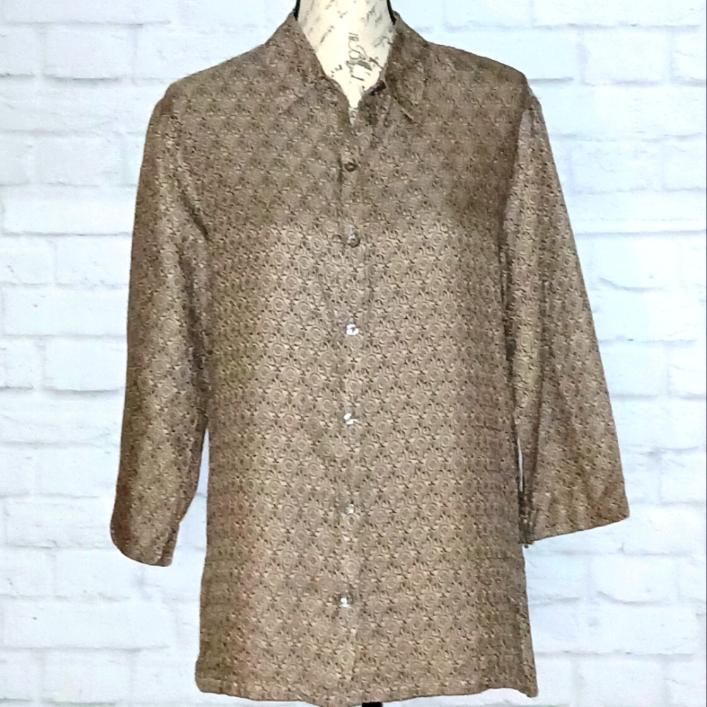 Chico's Taupe and Black 100% Silk 3/4 Sleeve Button Front Blouse, Size 2 (L)